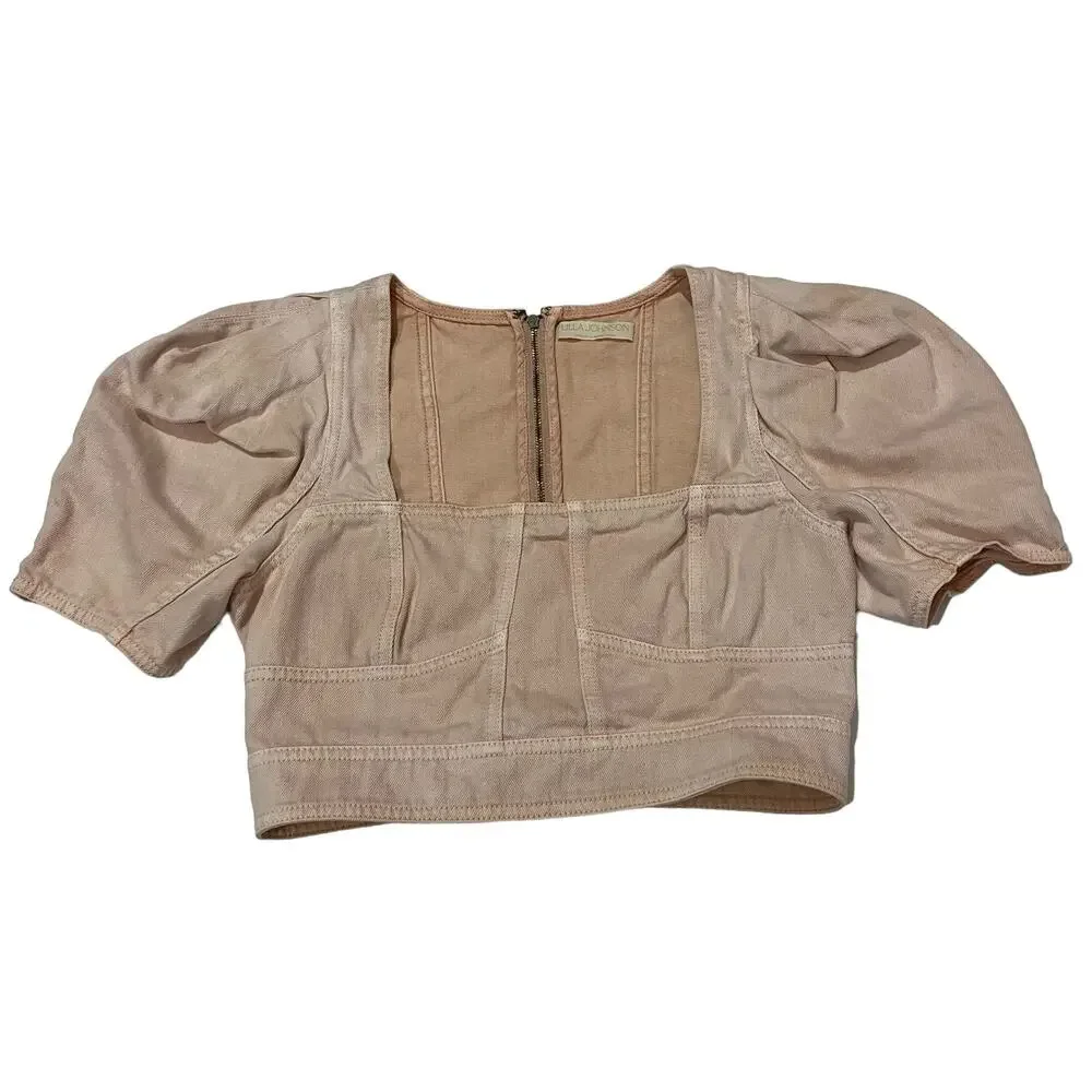 Ulla Johnson Renee Denim Bustier Puff Sleeve Crop Top - Sweetbriar - 6